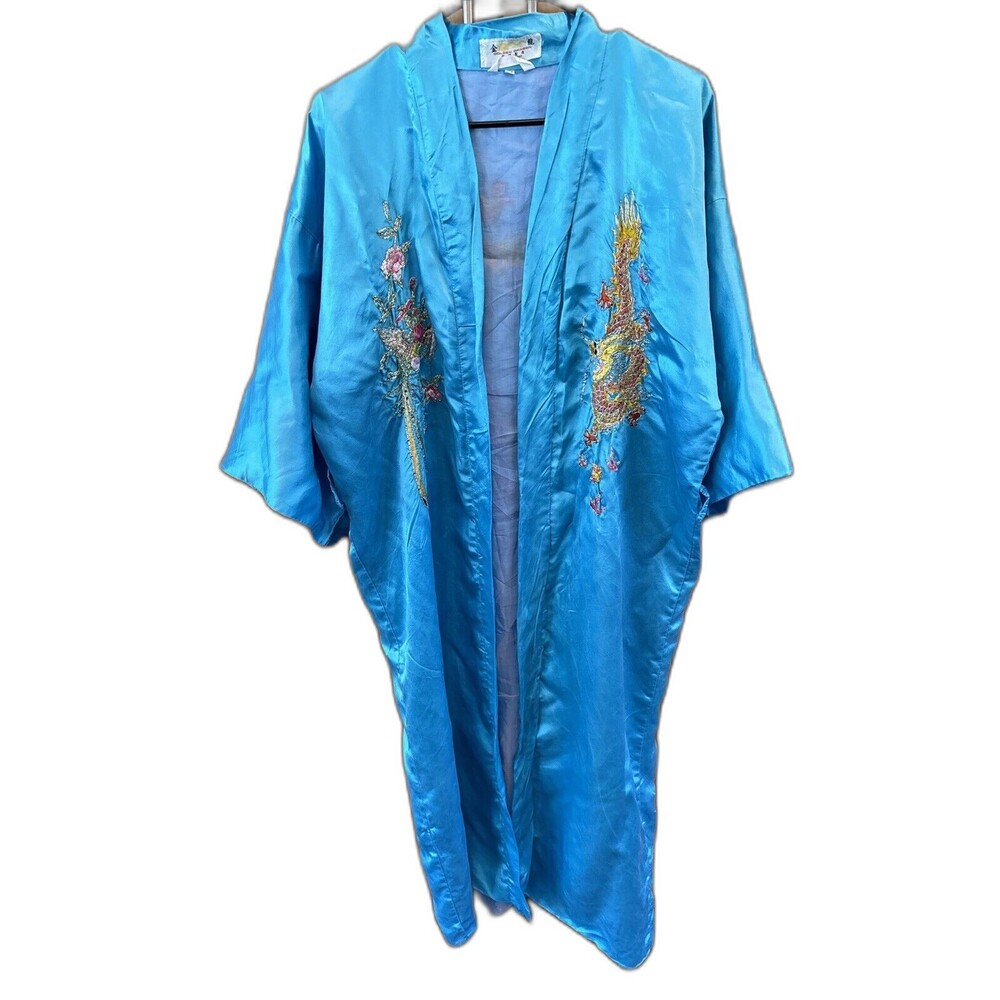 Golden Dragon M Chinese Dragon Embroidered Turquoise Silk Kimono Robe Lined
